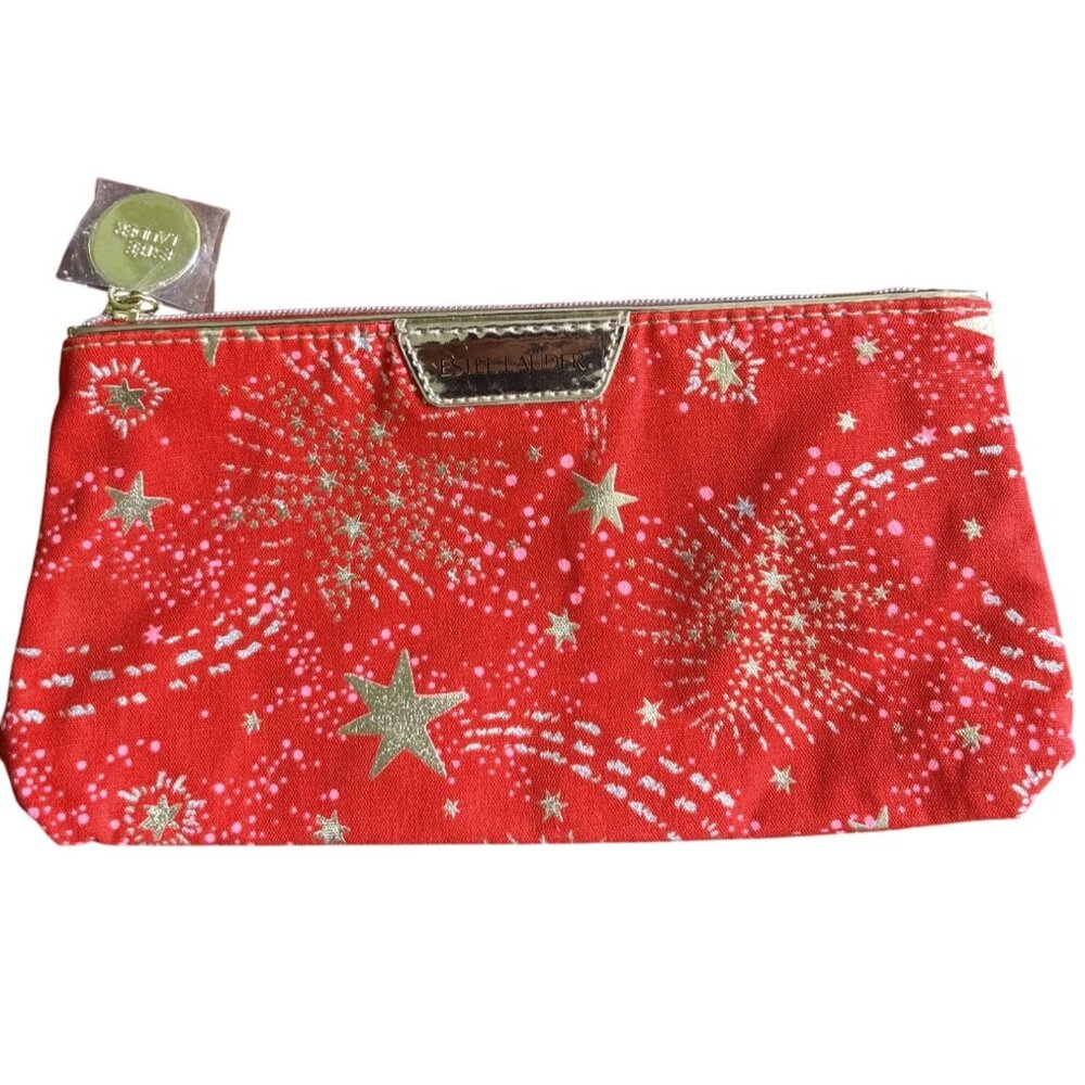 Estée Lauder Red & Gold Starburst Zip Top Cosmetic Bag + Bonus Lipstick